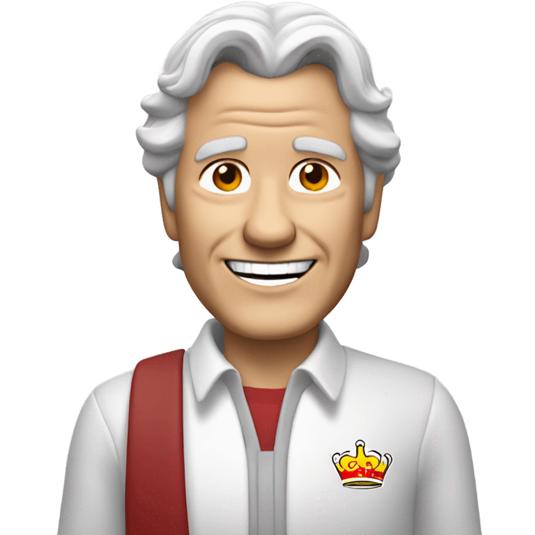 Older white guy with shoulder length grey hair wearing a white shirt and a Burger King crown smiling  emoji