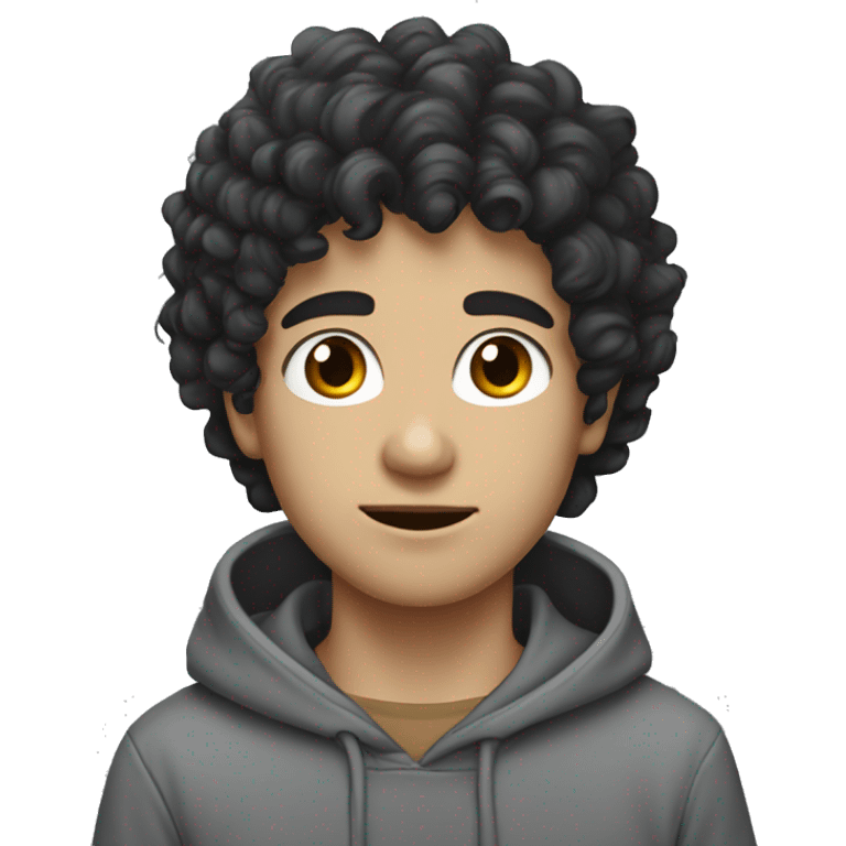 a white boy with black curly hair dark eyes grey hoodie  emoji