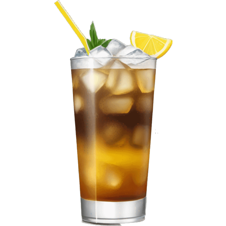 a tall and thin highball cocktail with 2 colors, brown on the bottom and light yellow on top with crush ice and a straw, juste one drink, clear separation between colors emoji