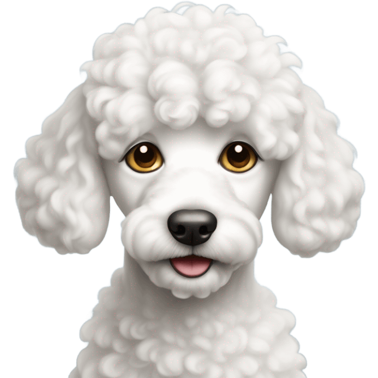 a white poodle puppy with a lazy look on one's face emoji