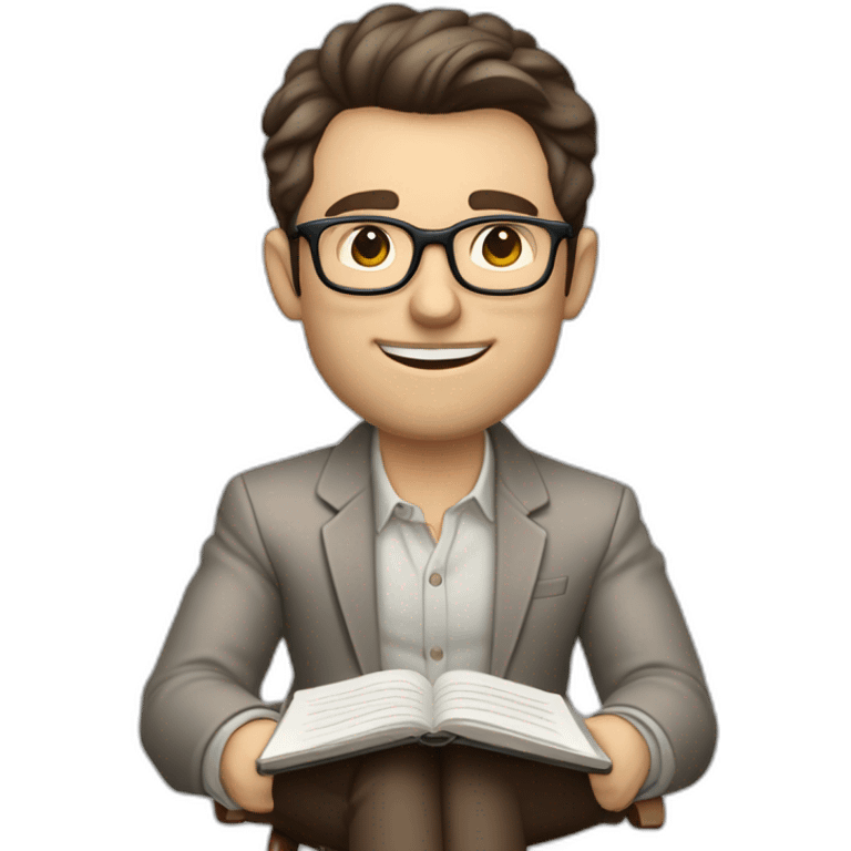 😝 Pale skinned Fit Man With dark brown hair in gray jacket, beige office shirt, Brown pants and vintage glasses sitting In a soft chair with a notebook and a pen emoji