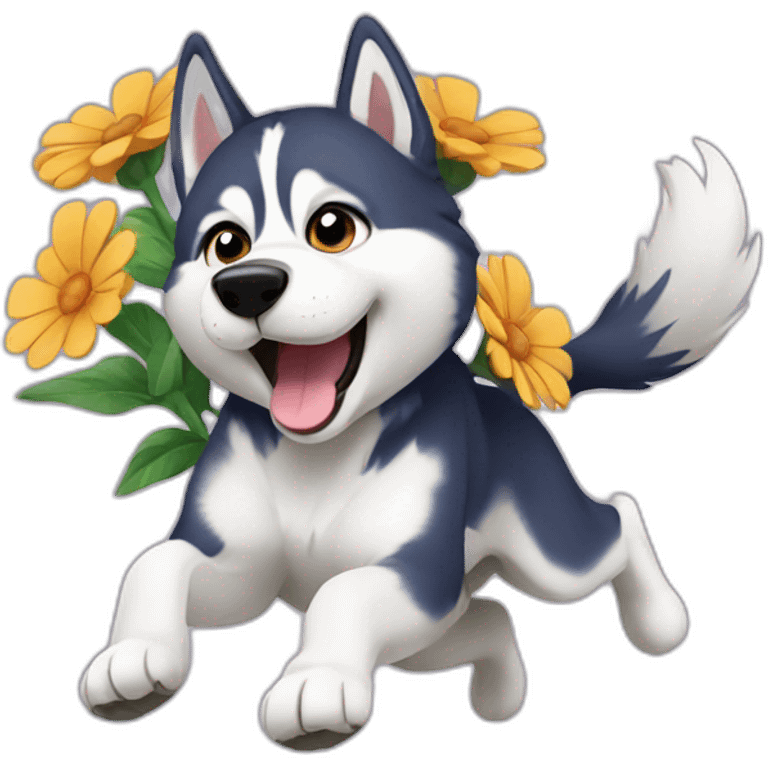 Husky jumping over a flower emoji