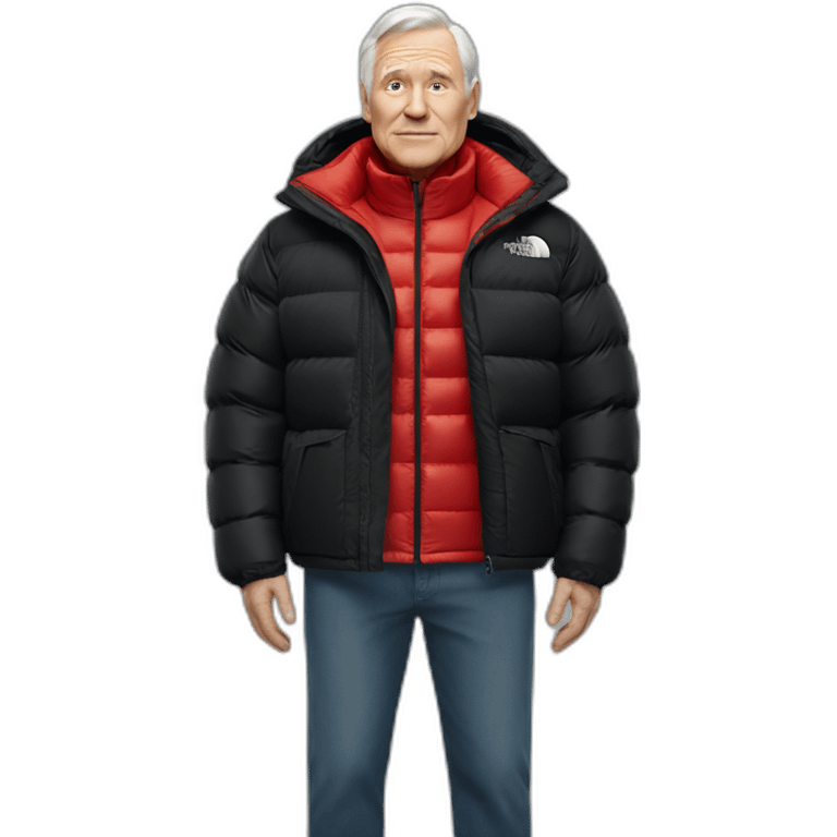 old white man overweight with black and red supreme north face puffy jacket emoji