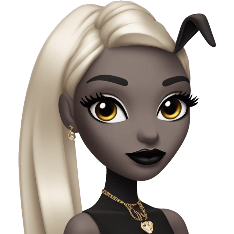  Seku-kyabakura Bunny Wends Addams Barbie.  Small very light skin face. Black lipstick and eyeshadow. Earrings matching necklaces. Long silky raven hair. Dress that’s off-the-shoulders shows her legs and black high heel.  emoji