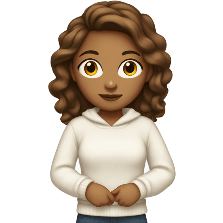 A tan girl with a white sweater and brown hair emoji