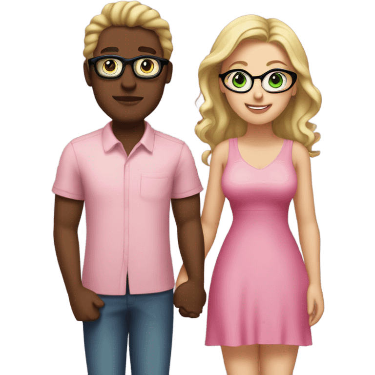 Curvy woman not wearing glasses with long blonde hair and green eyes wearing a pink dress and holding hands with a brown man with short curly black hair and glasses emoji