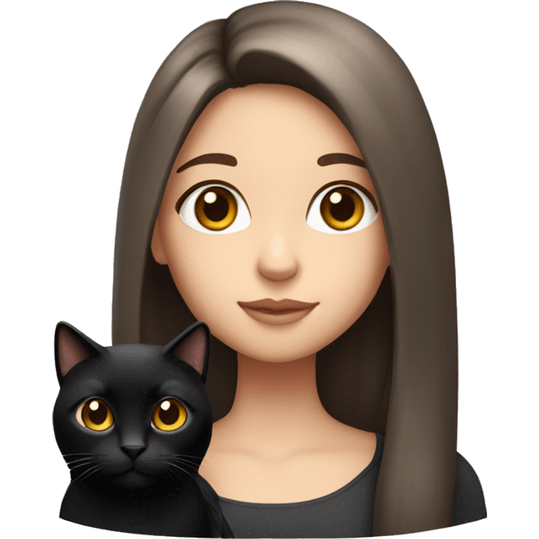 Brunette girl with long hair and brown eyes and fair skin holding a black cat emoji