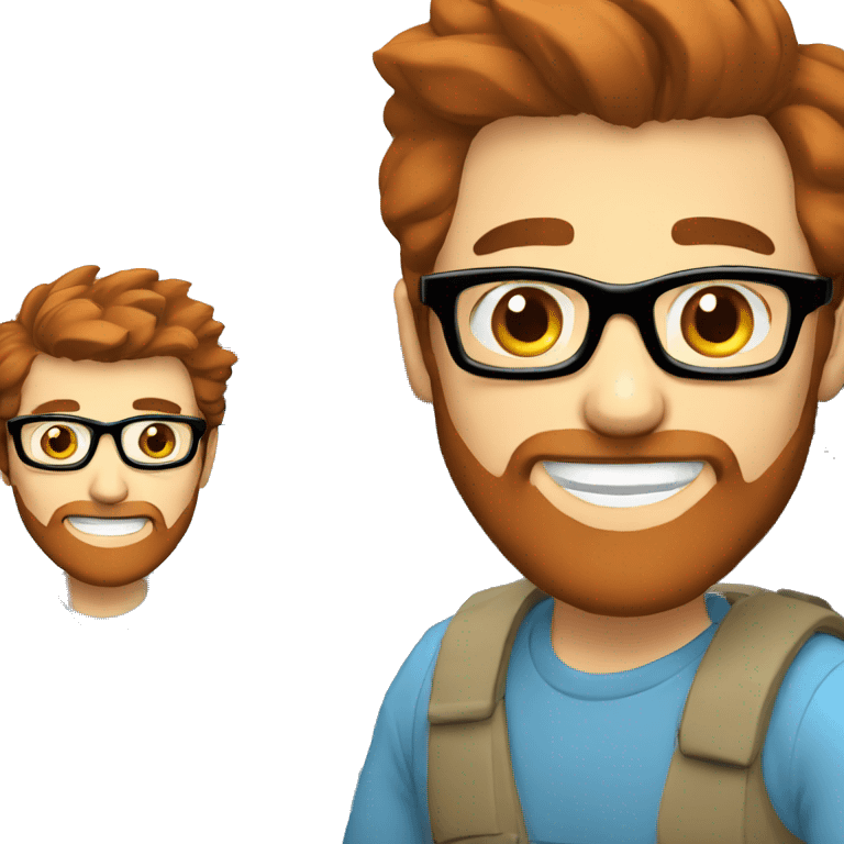 happy men with blue eyes, brown hair and red beard with glasses coding on computer emoji