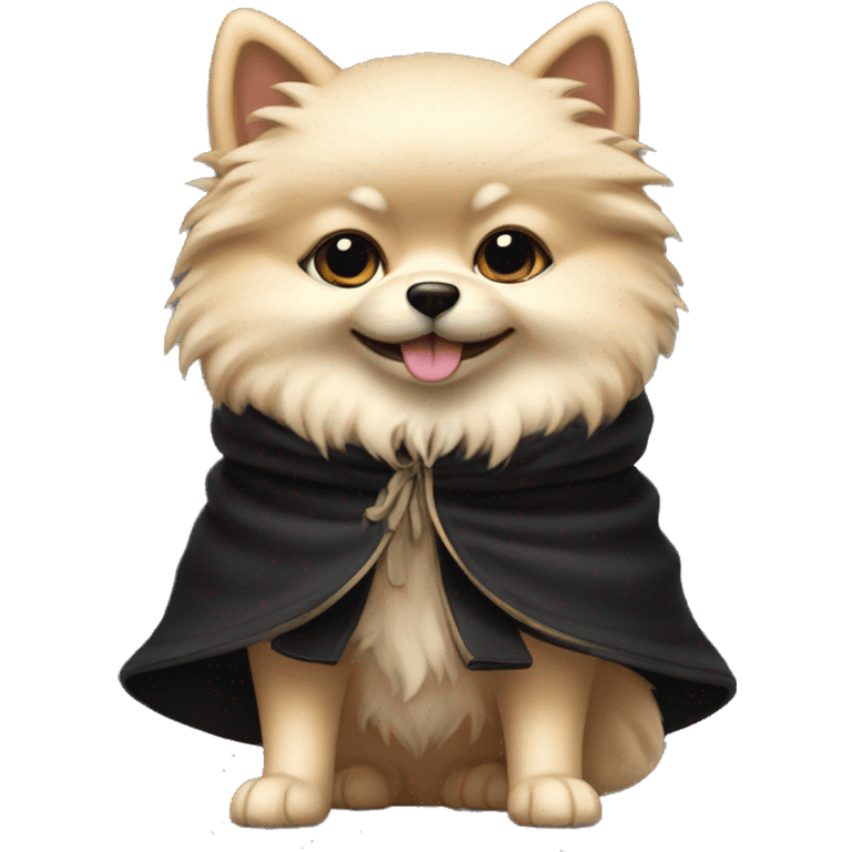 Cream Spitz stands on its hind legs in boots and in a black robe  emoji