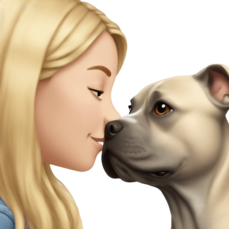 A girl with long blond hair kisses a gray Staffordshire Bull Terrier dog on the nose emoji