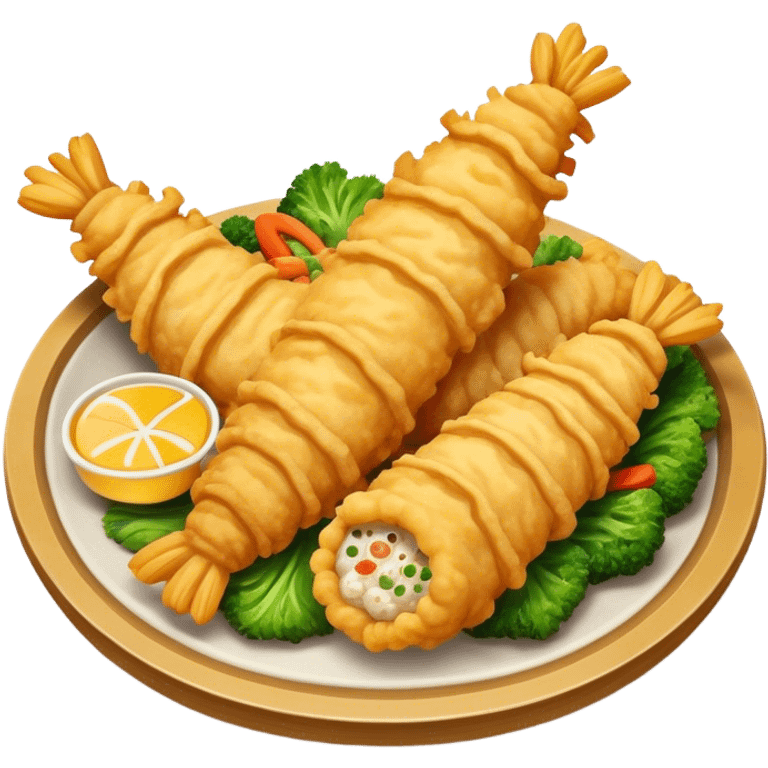 Tempura Cinematic Realistic Tempura Dish Emoji, depicted as extra crispy, lightly battered seafood and vegetables, rendered with vivid textures and dynamic, bright lighting. emoji