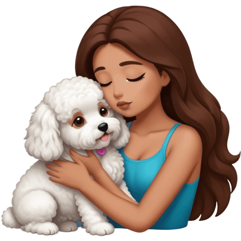 Tanned girl with long brown hair kissing a bichon emoji