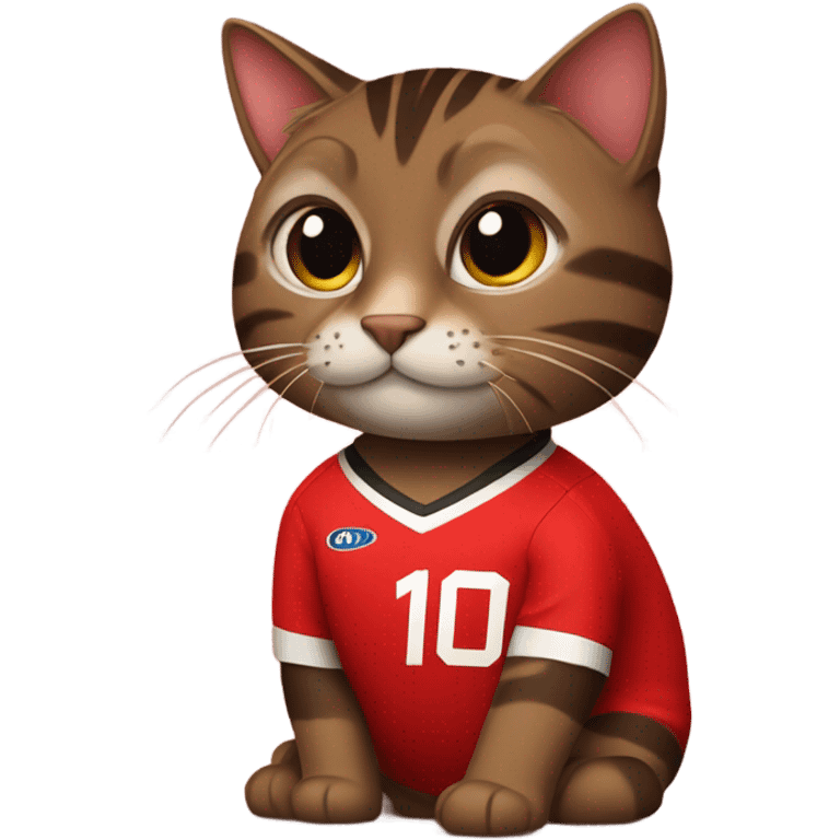 dark brown tabby cat in a red soccer jersey emoji