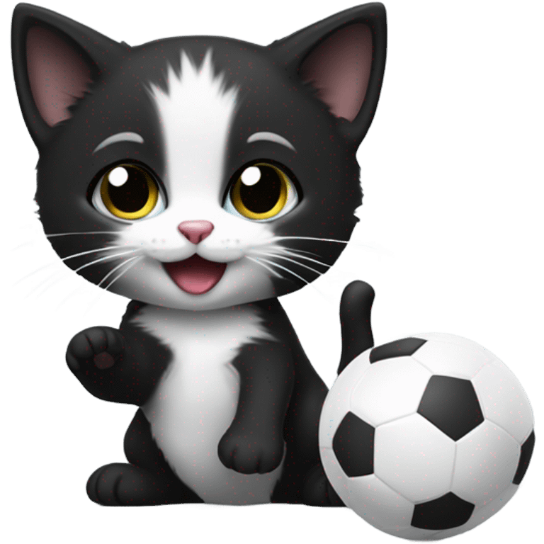 Silly black and whit kitty with a toy emoji