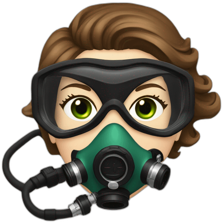 woman brown hair black diving mask with a single crystal, diving regulator in mouth, green eyes emoji