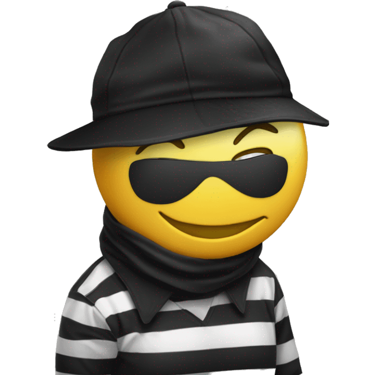 A yellow-faced emoji with a black mask, striped shirt, and a black cap smiles while holding a dollar-signed sack. The expression is friendly and playful. emoji