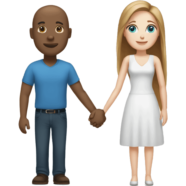 Bald black man holding hands with a white woman with long brown-hair and blue eyes emoji