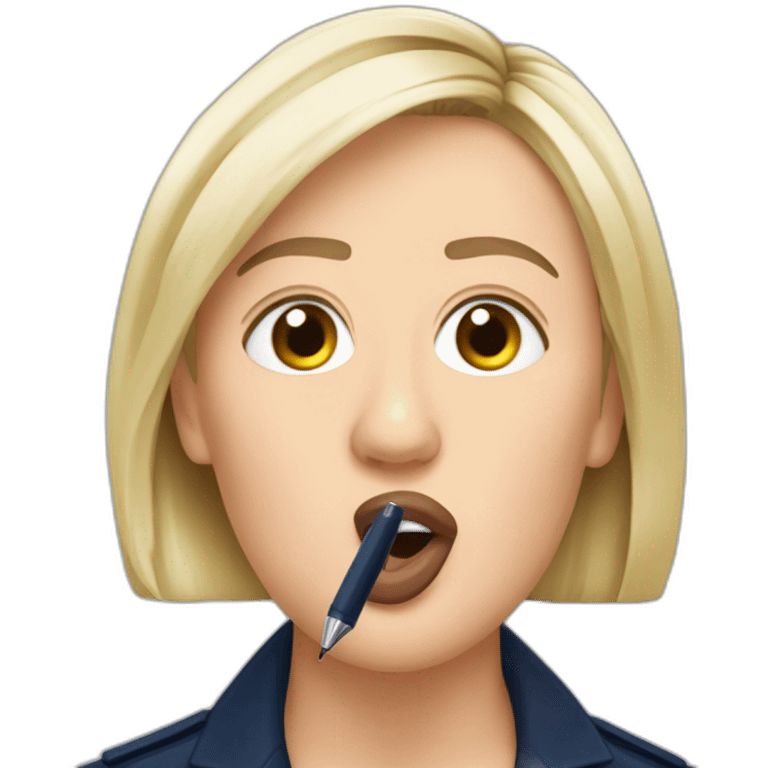 Marine lepen with a pen in her mouth emoji