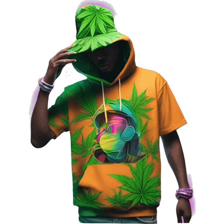 Hemp leaves Multicoloured neon person smoking wearing hoodie dancing hip hop bucket hat tropical Skater fashion aesthetic baggy clothes graphic t shirt 420 emoji