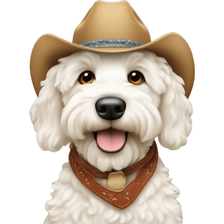 white goldendoodle wearing cowboy hat  emoji