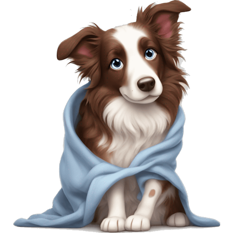 Red merle border collie blue eyes cozy in blanket emoji