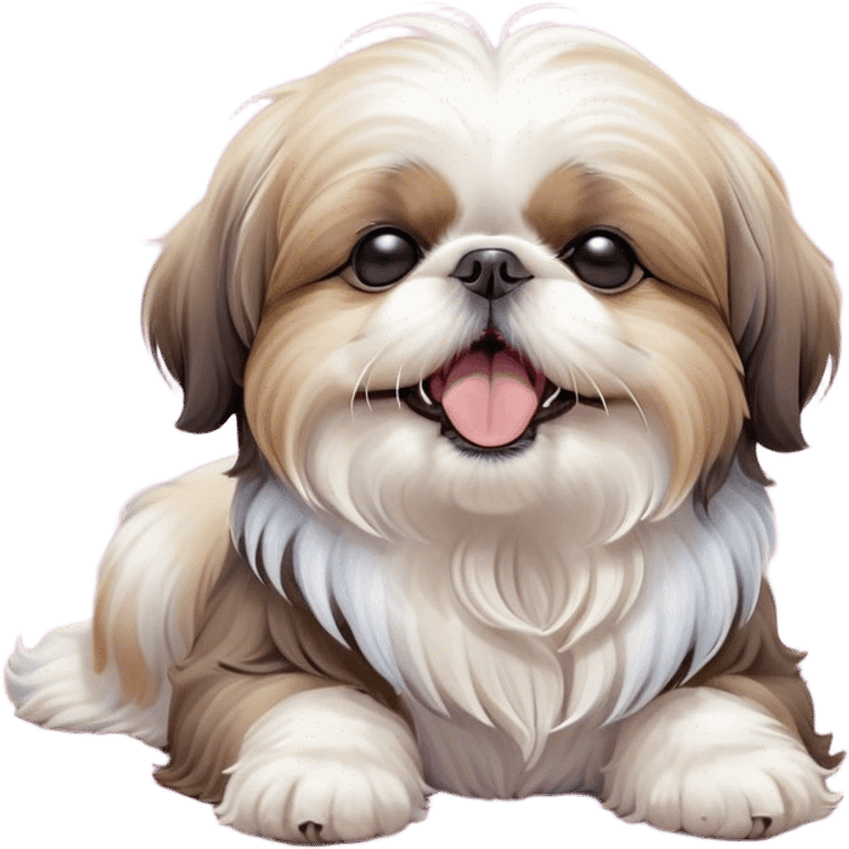 Cinematic Cute Yawning Shih Tzu Portrait Emoji, Head gently tilted with an irresistibly cute yawn and sleepy, half-closed eyes, showcasing a luxurious, fluffy fur in gentle pastel tones, simplified yet endearingly detailed, glowing with a soft, drowsy radiance, high shine, exuding tender, sleepy charm, styled with a delicate, soft glowing outline, capturing the essence of a Shih Tzu caught in a moment of adorable, sleepy bliss! emoji