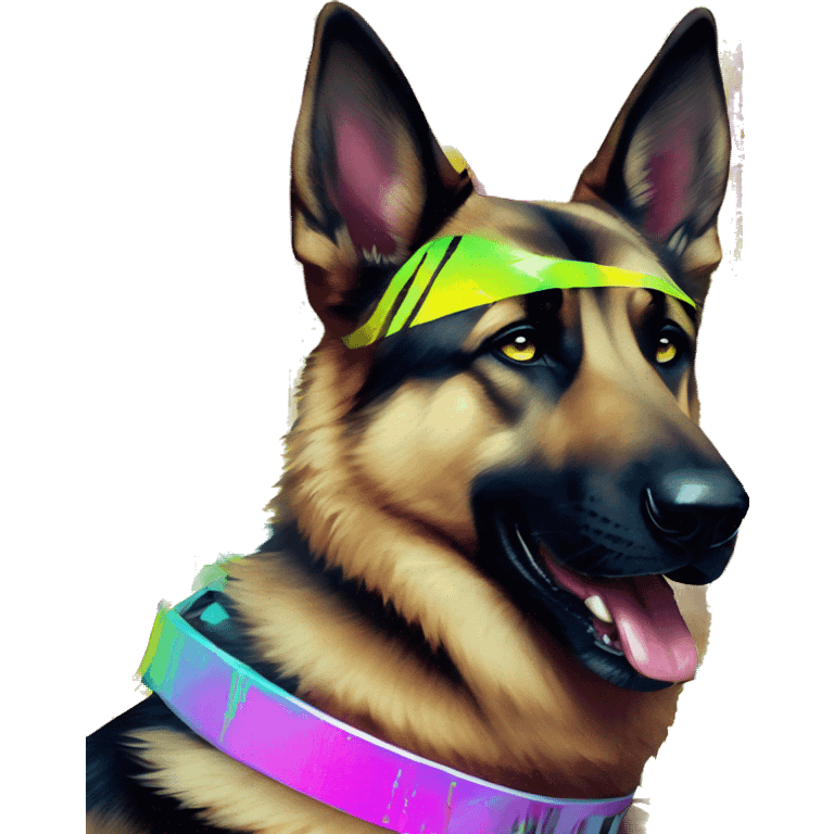 .Zombie_ Vaporwave black holographic oilslick zombie German shepherd dog yellow caution tape graffiti neon yellow stripes emoji