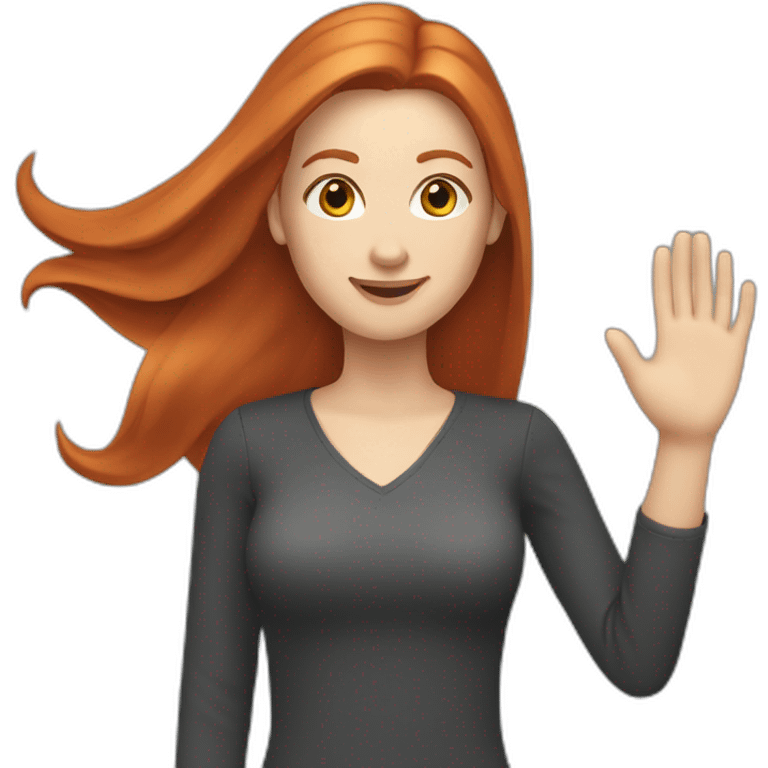 redhead white woman with medium long straight hair, waving emoji