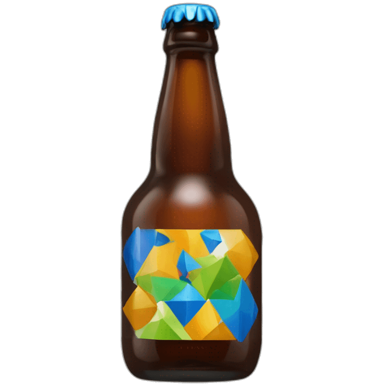 Botella de cerveza marron llena con etiqueta blanca y diseños azules amarillos, naranjas y verdes creando motivos arabes de geometría emoji