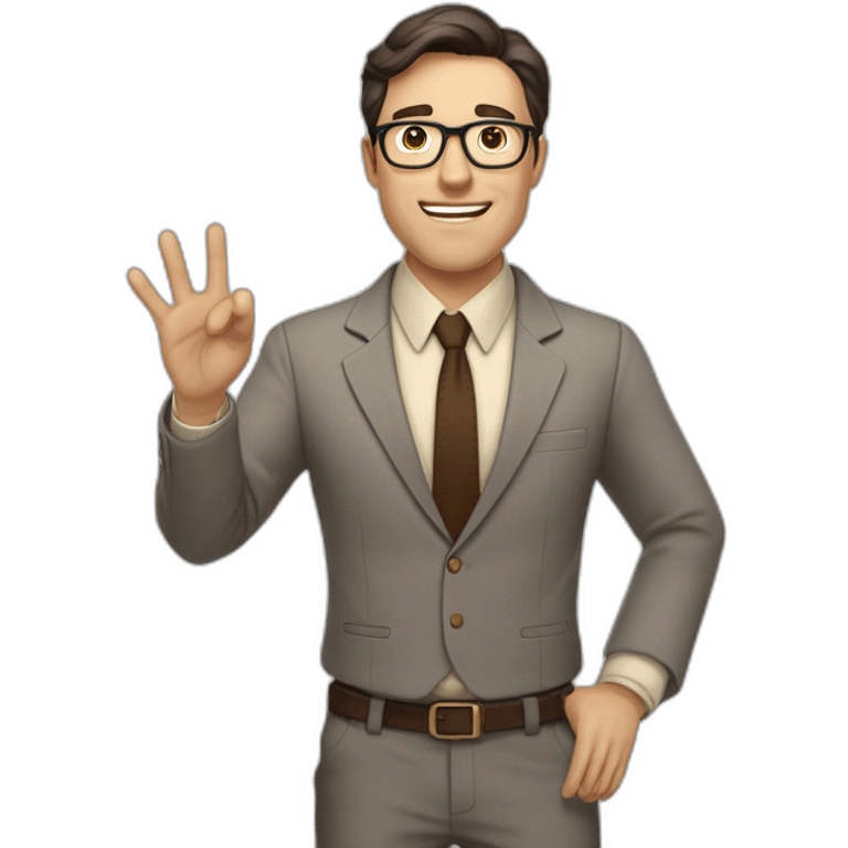 To belt Actively gesturing with hands Pale skinned fit man teacher with dark brown hair in gray jacket, beige office shirt, brown tie, brown pants and vintage glasses. emoji