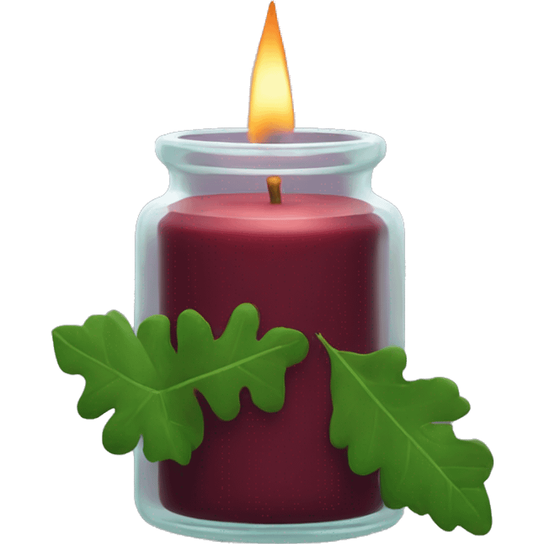 Tall maroon candle in open glass jar with greenery  emoji