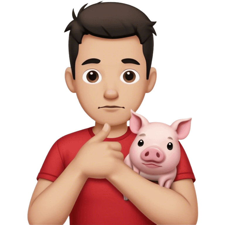 man with rock and roll hand symbol but thumbs tucked in and its facing down and the man is wearing a red shirt with a white pig on it emoji