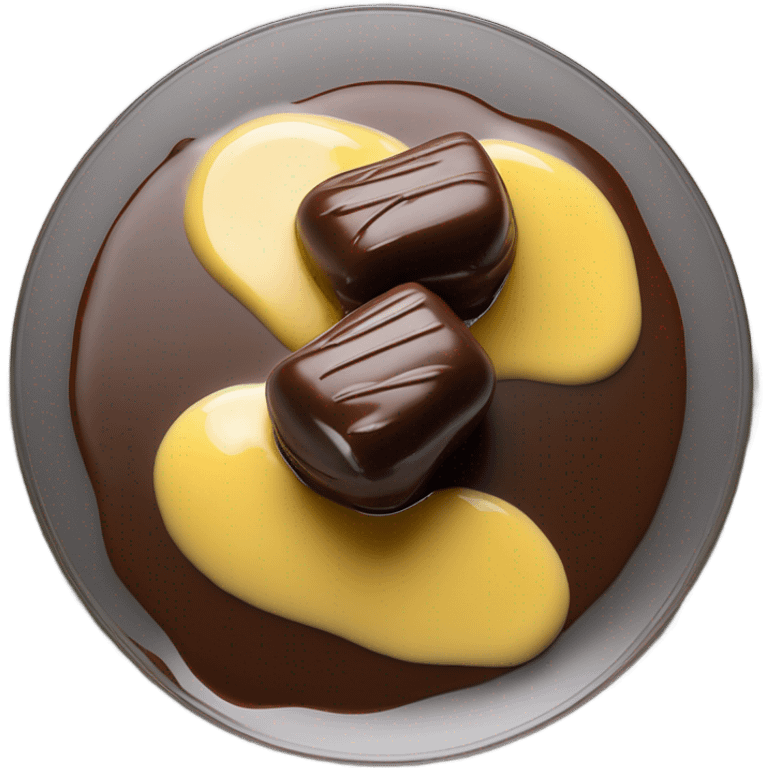 Chocolate and vanilla quenelle on glass plate with 3 drops of yellow sauce emoji