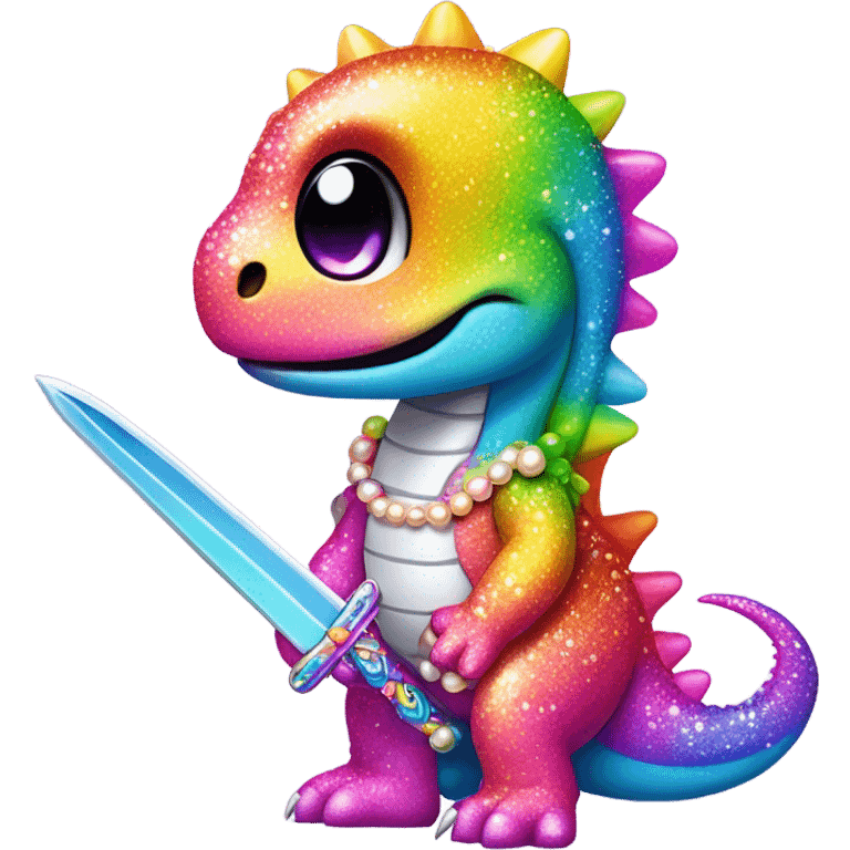 Lisa frank glitter rainbow cute dinosaur with sword and pearls emoji