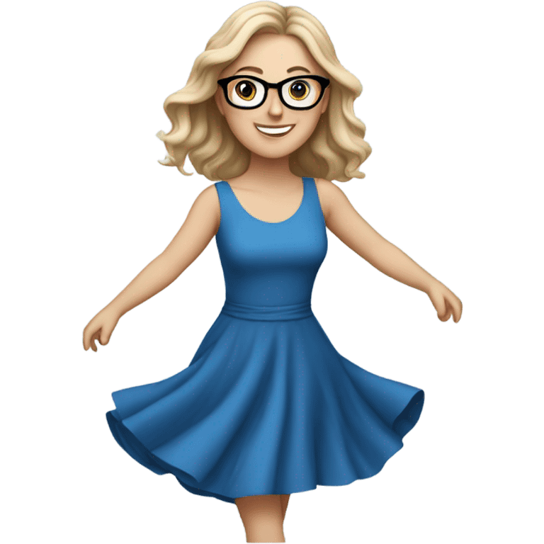 white girl in a blue dress: wearing glasses: dancing and happy  emoji