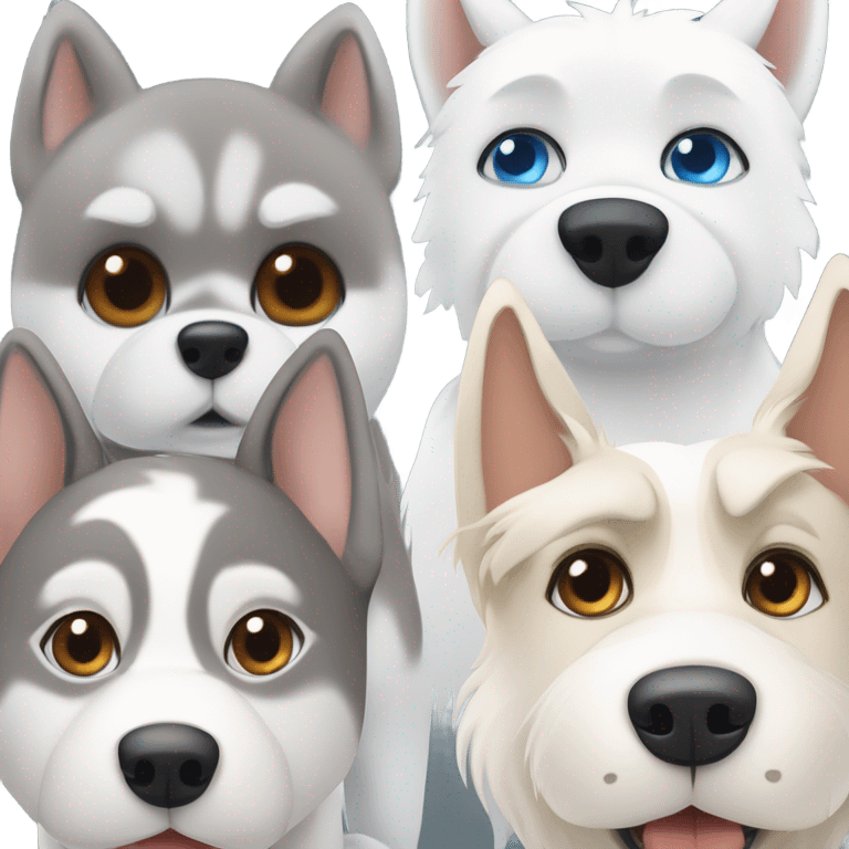 3dog : One. Grey Husky with blue eyes, a beige HUSKY with brown eyes and a white Westies emoji