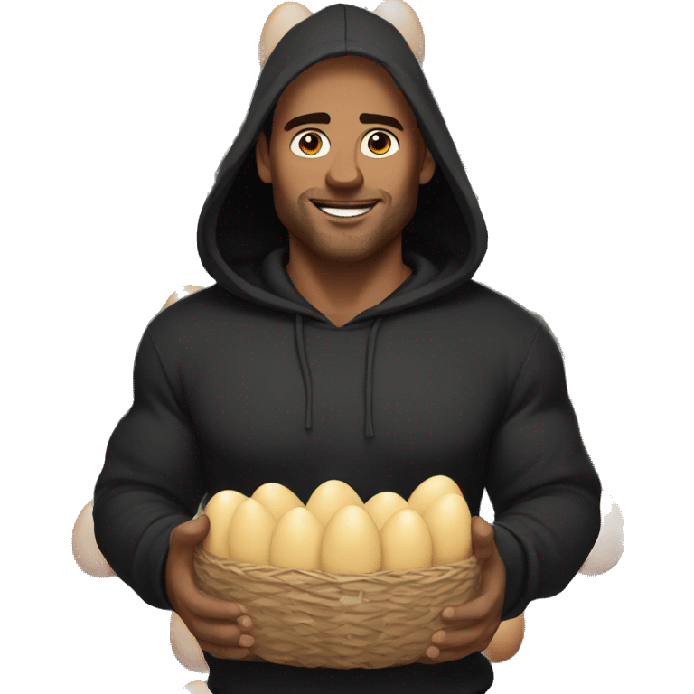 Buff white man with black hoodie and dark brown hair holding a ton of eggs emoji