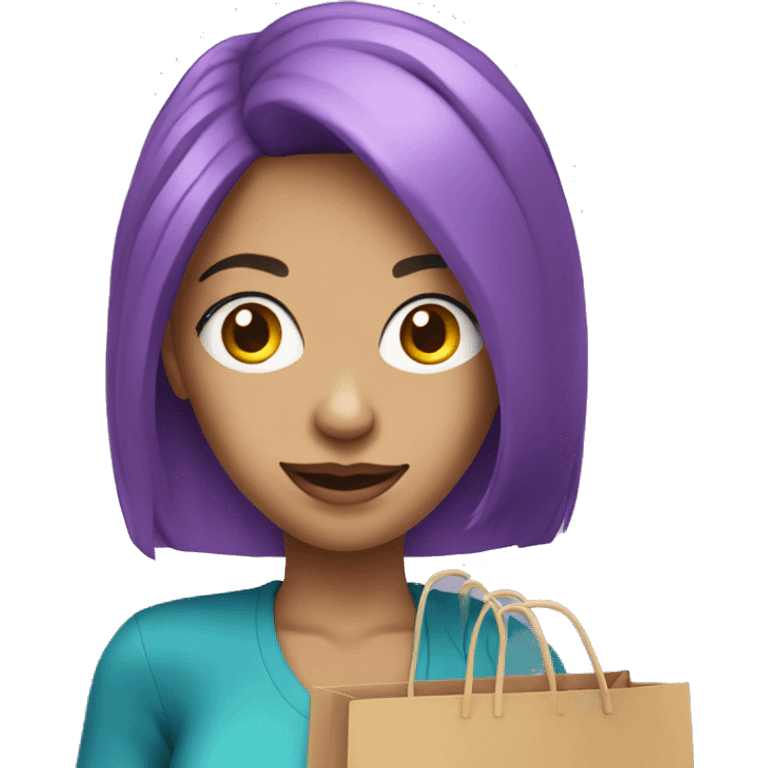 caucasian influencer with purple hair holding a shopping bag emoji