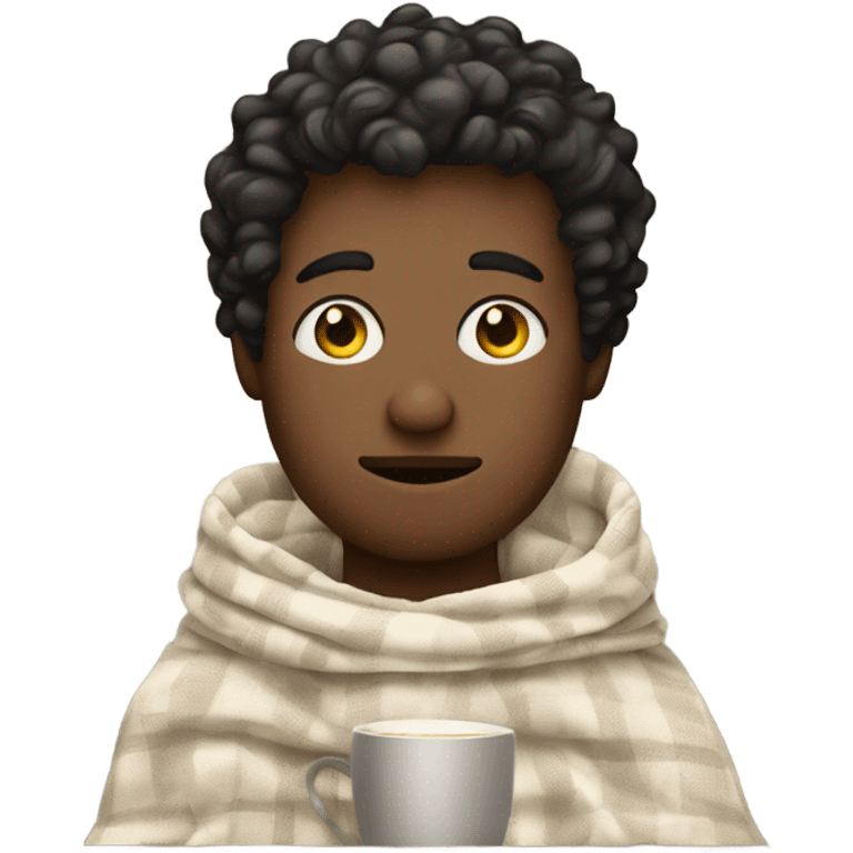 man with short curly hair black inside a blanket sipping coffe eyes closed emoji