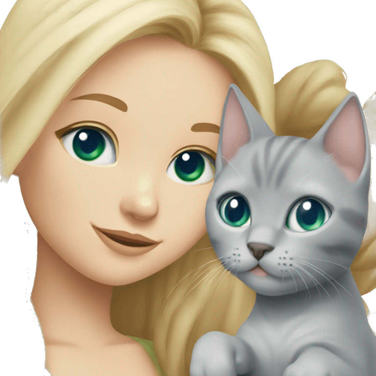 blue eyes grey kitten and green eyes blonde girl are friends emoji