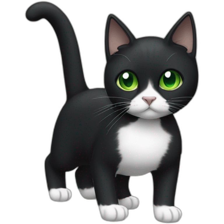 A black cat with green eyes with a white mustache, a white stripe on its nose, a full-length white breast and white paws emoji