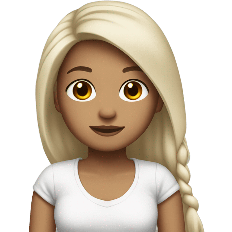 girl with light skin, long black hair with brown highlights, brown eyes, and white t-shirt emoji