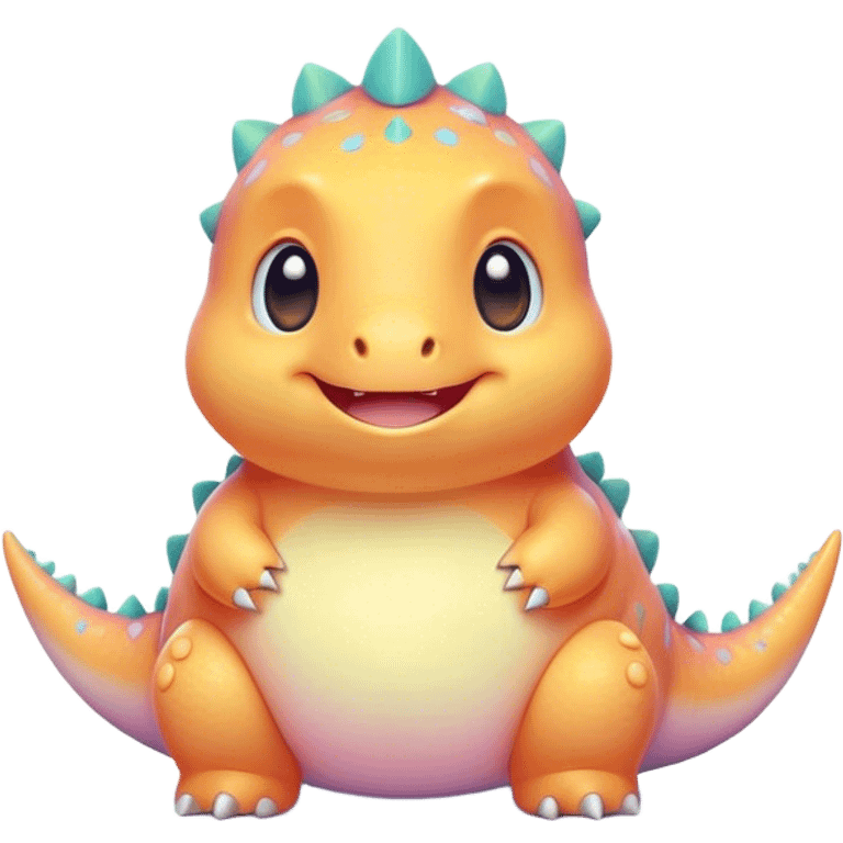 Cinematic tiny pastel dinosaur, chubby round body, tiny feet, big sparkling eyes, soft glowing colors, happy and friendly expression, radiating warmth. emoji