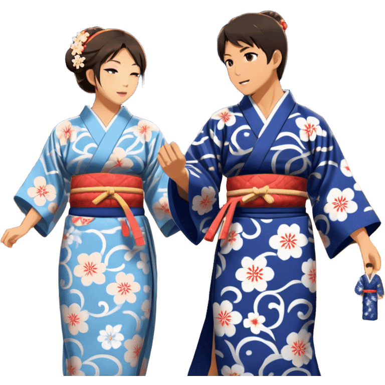 Cinematic Realistic scene of two performers engaging in Bon Odori, dressed in traditional yukata with intricate summer patterns, captured in graceful, rhythmic motion with warm, festive lighting emoji