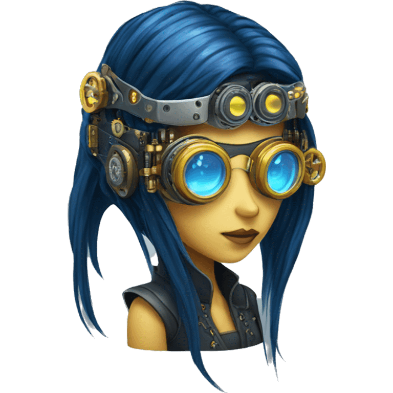 Dark blue long hair female cyborg head with yellow steampunk goggles and circuits emoji