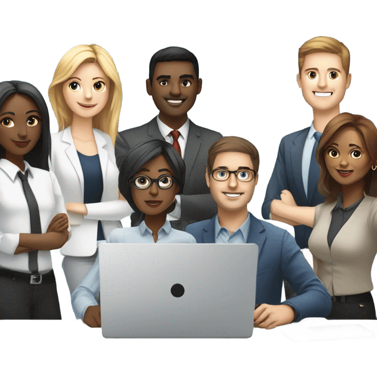 A small, diverse team collaborates with laptops and sketches in the background, symbolizing professional IT consulting.  emoji