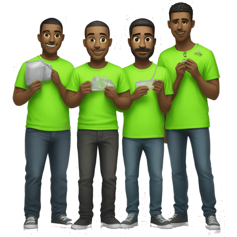 group of men in neon green shirts holding a small clear bag in one hand and a key in the other emoji