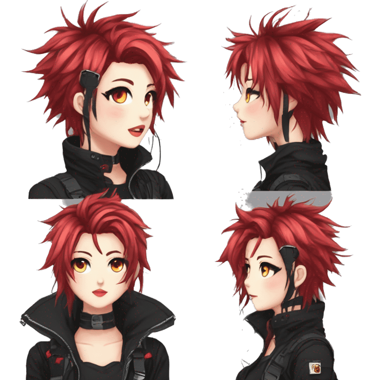 Gorgeous techwear anime style lady with blushing face aesthetic and pretty edgy black red white punk messy hair with collar and harness trending style emoji