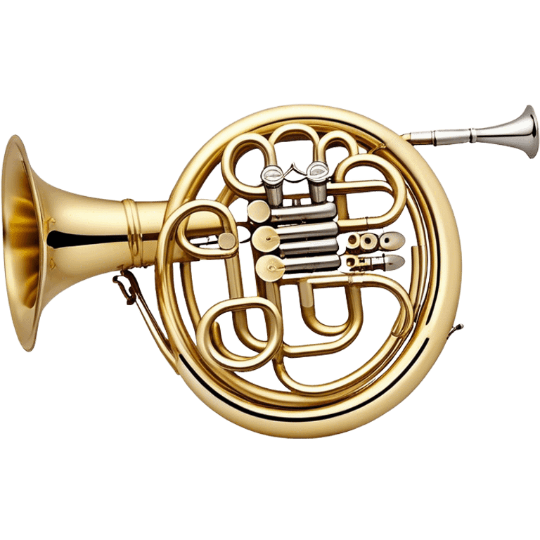 Create a refined and elegant emoji representing the Arnolds & Sons AHR-350 horn. The design should feature the instrument's beautifully coiled brass body with its distinct flared bell, showcasing the high-quality craftsmanship. Include delicate details like the tuning valves, finger buttons, and elegant brass finish. Add subtle musical notes around the horn to symbolize its melodic sound. Use warm golden and brass tones to convey the luxury and professional quality of the instrument. The background should be transparent emoji