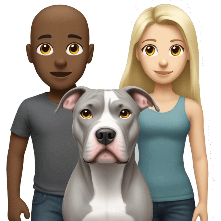 Gray Pitbull standing with brunette boy and blonde girl emoji